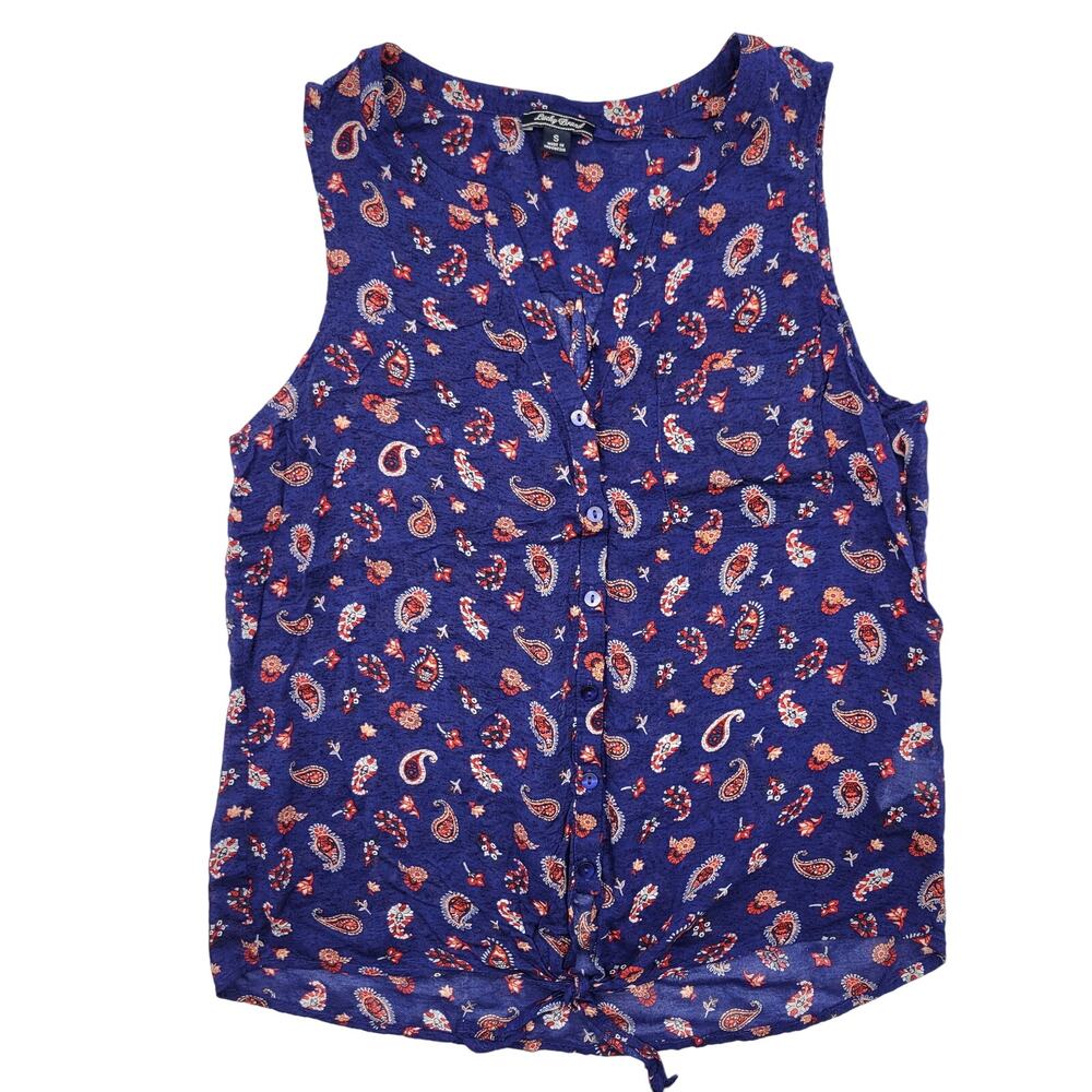 Lucky Brand Top Women's Small Blue Paisley Button Sleeveless Tie Front Western